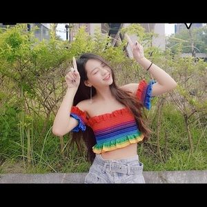 Rainbow off-the-shoulder top